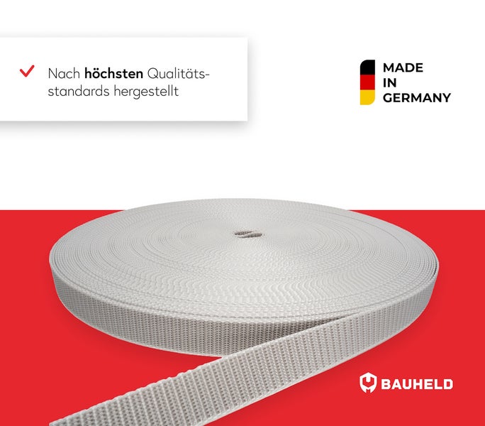Rolle aus Textilband, hergestellt nach höchsten Qualitätsstandards mit Made in Germany Siegel, Bauheld Logo