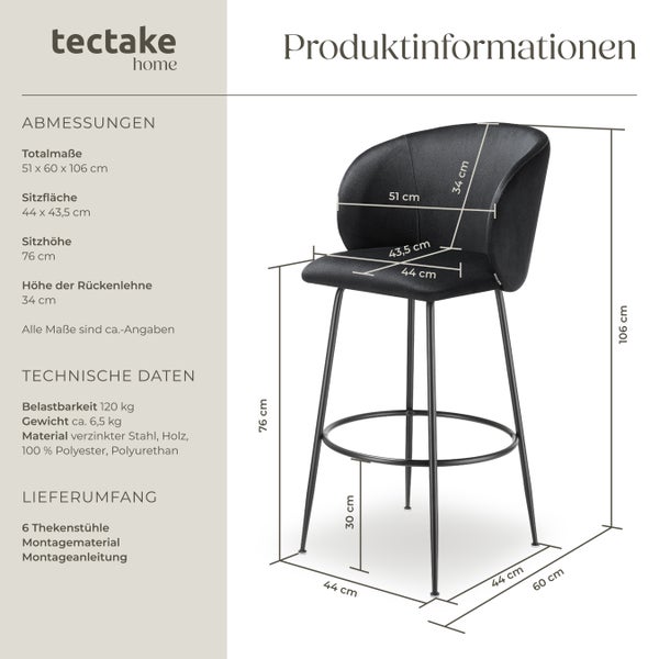 Barstuhl tectake Luana 51 x 60 x 106 cm, Belastbarkeit 120 kg in Samtoptik, gepolstert schwarz/schwarz