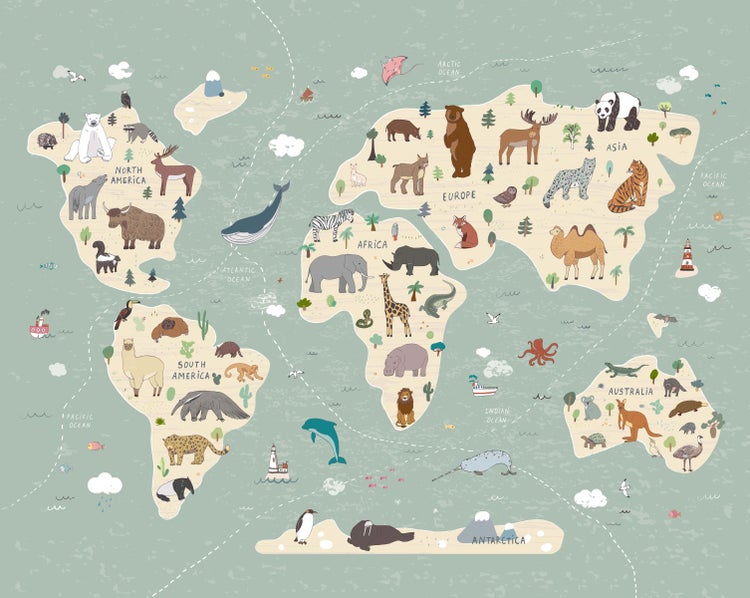 Weltkarte mit Tieren nach Kontinenten