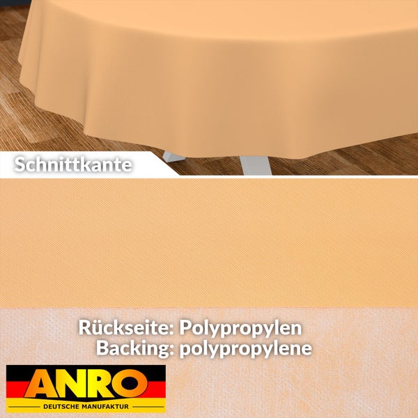 Einfarbige runde Tischdecke mit Schnittkante und Polypropylen-Rückseite, Detailansicht der Oberflächenstruktur und ANRO Logo.
