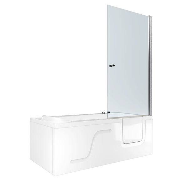 Weiße Badewanne mit Einstiegstür und gläsernem Badewannenaufsatz.