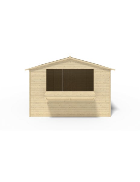 Verkaufsstand aus Holz mit Satteldach und einer großen Verkaufsklappe als Theke.