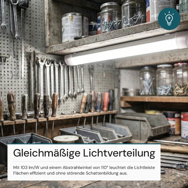 Helle LED Lichtleiste in einer Werkstatt über einer Werkbank mit Werkzeugen für gleichmäßige Beleuchtung mit einem Abstrahlwinkel von 110 Grad.