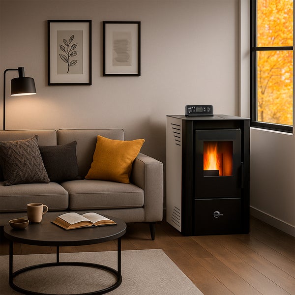 Wohnzimmer mit Sofa, Tisch und Pelletofen für eine gemütliche Atmosphäre