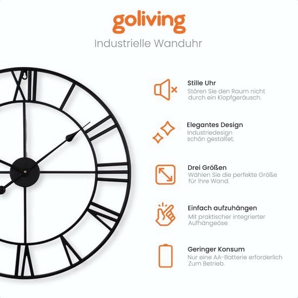 Goliving Wanduhr Industrial - Geräuschloses Uhrwerk - Moderne Wanduhr - Metall - Ø 40 cm - Schwarz