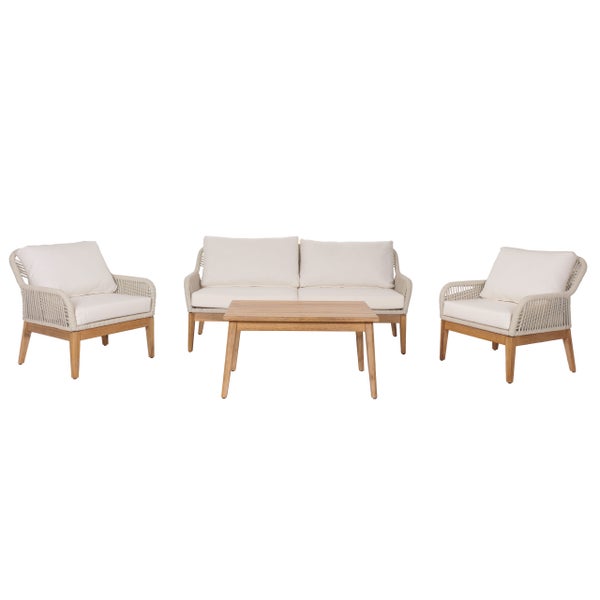 Garten-Lounge-Set aus Holz bestehend aus einem Zweisitzer-Sofa, zwei Sesseln mit Seilbespannung und einem rechteckigen Tisch, inklusive Kissen.