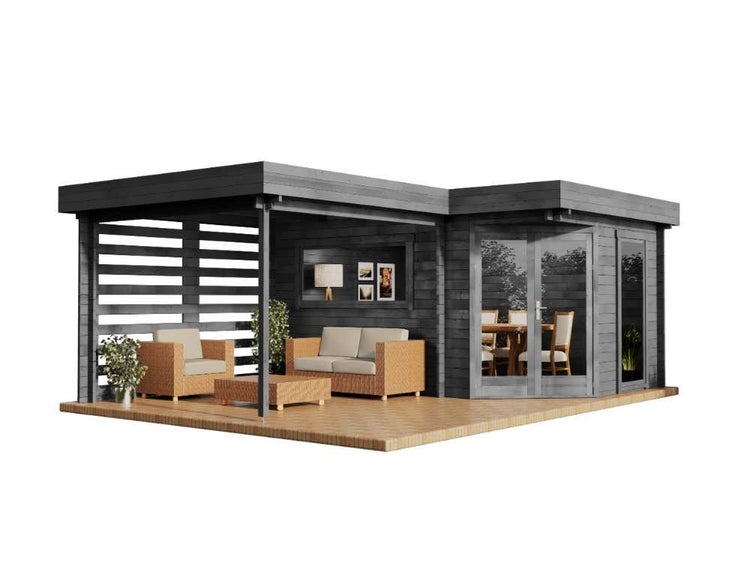 Alpholz 5-Eck Gartenhaus Pepe Optima Gartenhaus aus Holz in Grau, Holzhaus mit 40 mm Wandstärke, Blockbohlenhaus mit Montagematerial imprägniert 6x4,4m
