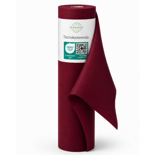Dunkelrote Sensalux Tischdeckenrolle aus Vlies, Oeko-Tex Standard 100 zertifiziert.