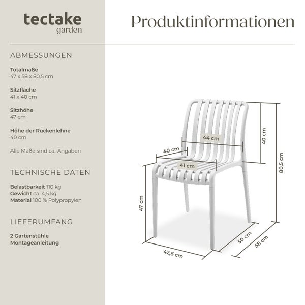Gartenstühle tectake Alcudia 47 x 58 x 80,5 cm, Belastbarkeit 110 kg wetterfest und UV-beständig creme