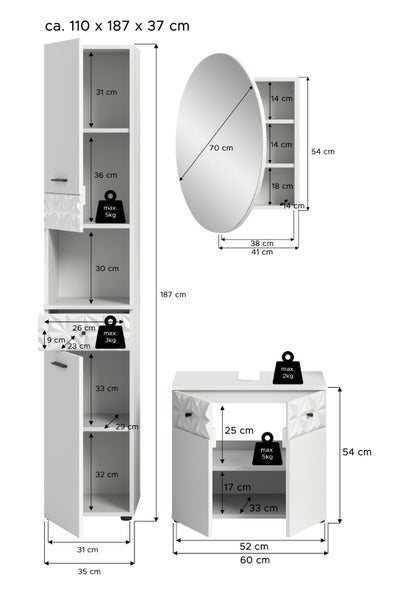 Badezimmermöbel-Set mit Maßangaben für Hochschrank, runden Spiegel und Waschbeckenunterschrank, circa 110 mal 187 mal 37 Zentimeter.