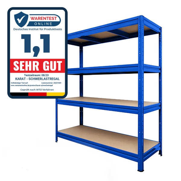 Blaues Karat Schwerlastregal mit vier Holzböden und Warentest Online Siegel mit der Bewertung sehr gut 1,1.