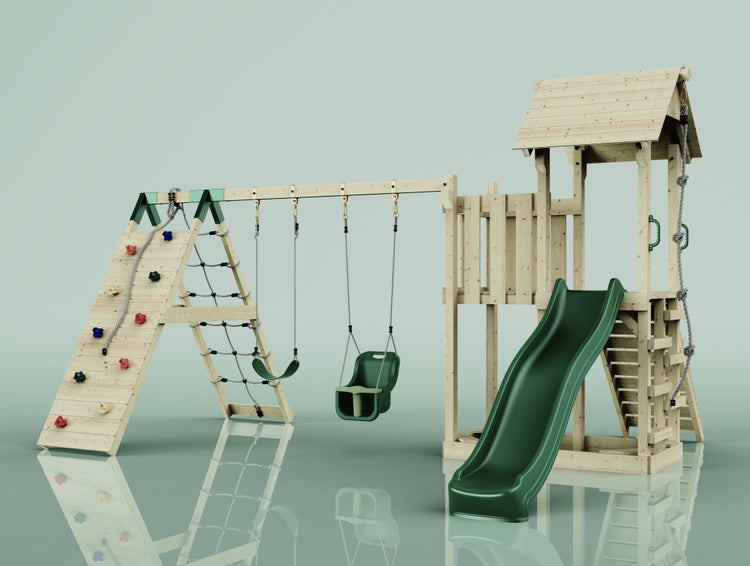 Spielplatzanlage mit Kletterwand, Netz, Schaukeln, Rutsche und Spielturm aus Holz