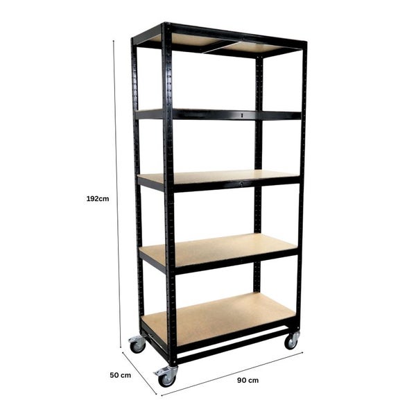 Schwarzes Regal mit fünf Holzböden und Rädern, 192 cm hoch, 50 cm tief und 90 cm breit