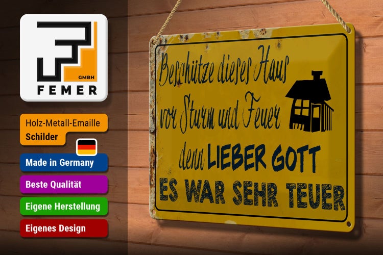 Dekoratives Metallschild mit der Aufschrift Beschütze dieses Haus vor Sturm und Feuer