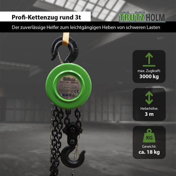 Trutz Holm Profi Kettenzug mit 3000 Kilogramm Zugkraft und 3 Meter Hebehöhe für schwere Lasten.