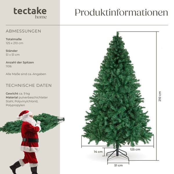 Kunstweihnachtsbaum von Tectake Home mit 210 cm Höhe und 1106 Spitzen inklusive technischer Daten und Maßangaben.