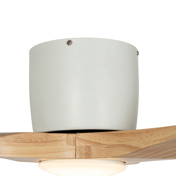 Nahaufnahme eines Deckenventilators mit weißem Metallgehäuse, Holzflügeln und runder Leuchte.