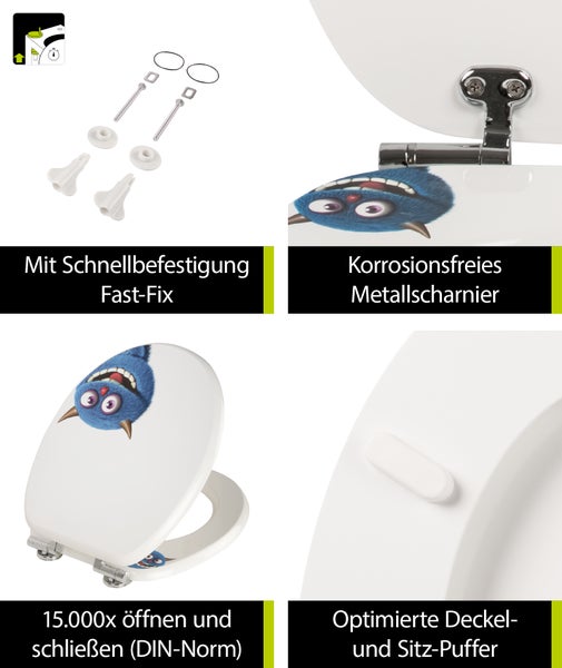 aquaSu® WC-Sitz mit Absenkautomatik, lustiges Dekor Monster Ecky, Toilettensitz mit Holzkern & Fast Fix Schnellbefestigung, universale O Form, Metallscharnieren, Toilettendeckel witzig, 402767