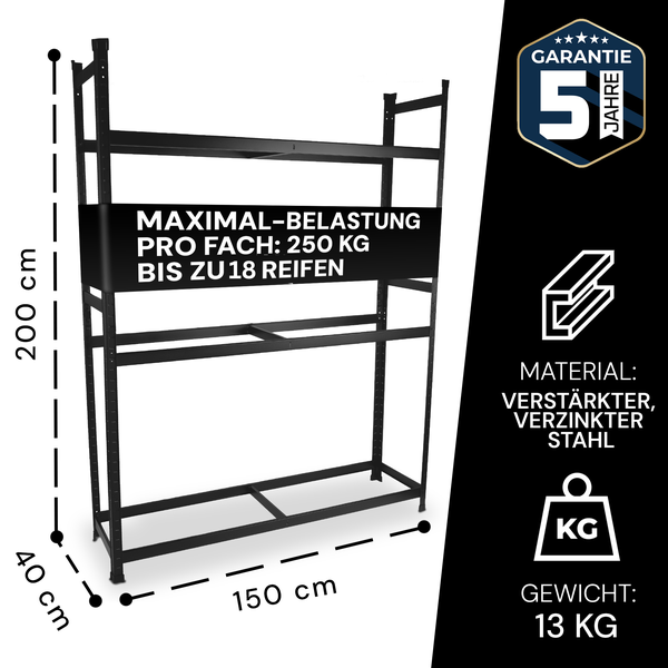 ALL Premium Reifenregal 18 Reifen 200x150x40cm Schwarz – 250 kg Traglast, Reifenregal 16 Reifen, Reifenständer & Reifenhalter – Felgenbaum Garagen Zubehör für Garage & Lager