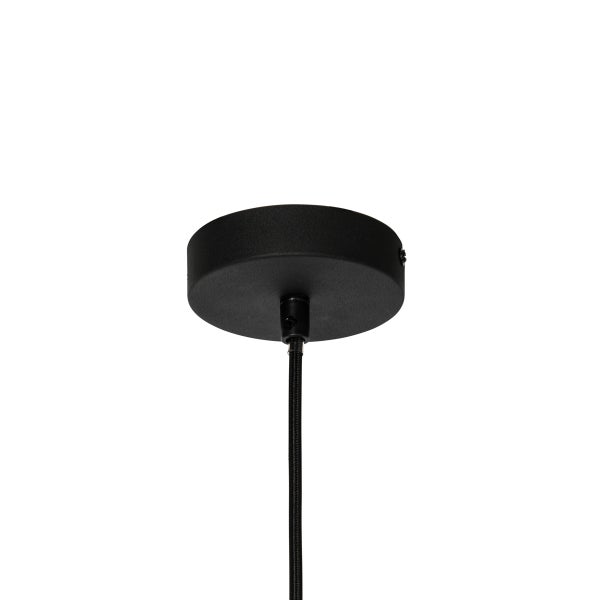 Schwarzer runder Deckenbaldachin aus Metall mit schwarzem Textilkabel für Pendelleuchten.