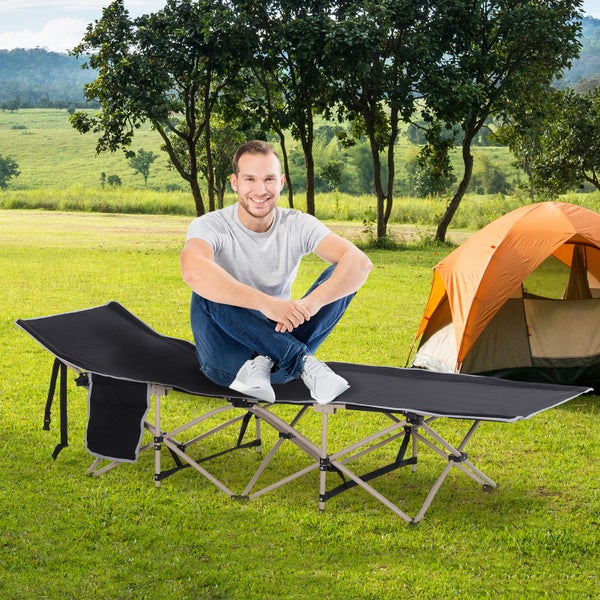 Outsunny Feldbett mit Aufbewahrungstasche, Faltbares Campingbett, Campingliege, Inkl. Tragetasche, Stahl Oxford, Schwarz, 190 x 68 x 52 cm