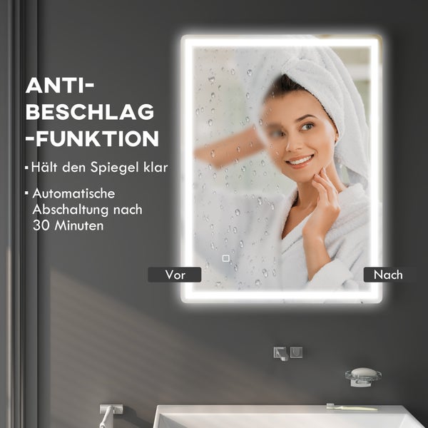 HOMCOM Badspiegel, Dimmbar Badezimmerspiegel, 80 x 60 cm Lichtspiegel mit Touchschalter, Memory-Funktion, beschlagfreier Wandspiegel, Wasserdicht