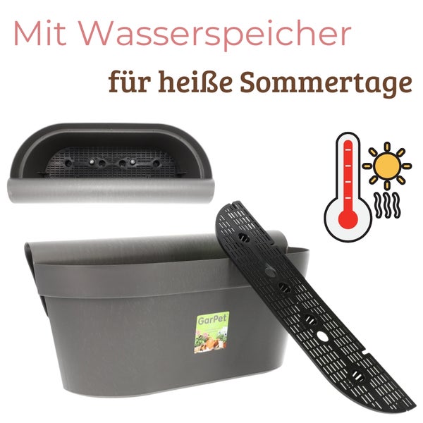 Balkonkasten mit Wasserspeicher und Drainageplatte für heiße Sommertage. GarPet Logo.