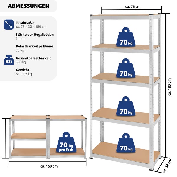 Schwerlastregal tectake  schnelle Montage  in verschiedenen Ausführungen silber