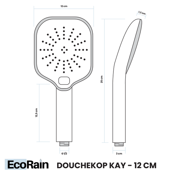 EcoRain 50% Wassersparender Duschkopf Kay 12 CM mit Wasserfilter - 3 Strahlarten - Hoher Wasserdruck - Universeller Anschluss - Anti-Kalk Duschkopf - Schwarz
