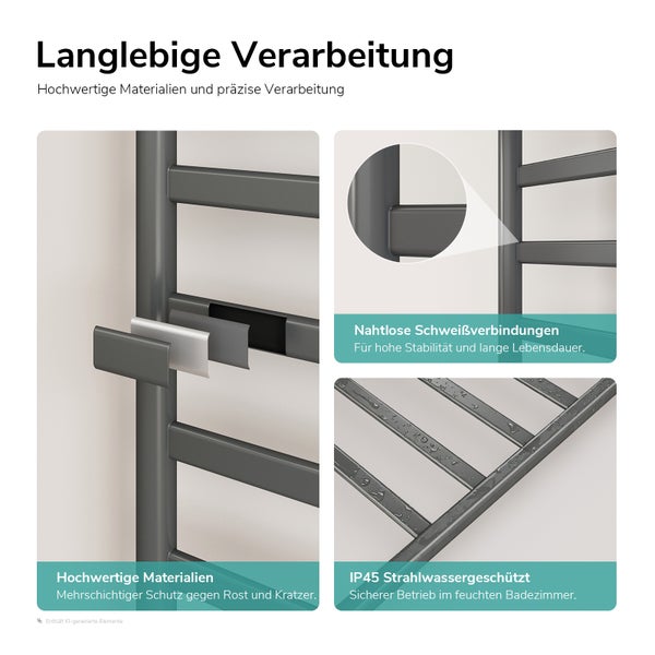 Infografik zeigt langlebige Verarbeitung eines Badheizkörpers mit hochwertigen Materialien, nahtlosen Schweißnähten und IP45 Strahlwasserschutz.