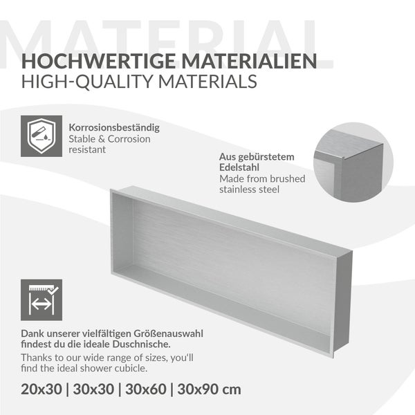 Duschablage aus gebürstetem Edelstahl, korrosionsbeständig, erhältlich in verschiedenen Größen wie 30 mal 60 Zentimeter.