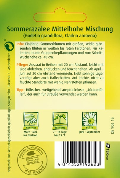 Rückseite der Samentüte für Sommerazalee Mittelhohe Mischung mit Infos zu Aussaat, Keimung, Blütezeit Juni bis September und Entsorgungssymbol.