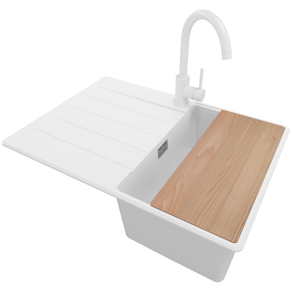 PRIMAGRAN Granitspüle Alles Weiß 78x53cm, Spülbecken 1 Becken + Küchenarmatur 40x20cm + Ablauf-Set + Küchenzubehörset, Küchenspüle ab 80er Unterschrank - Oslo Max