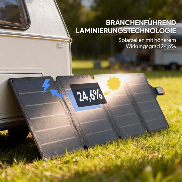 Faltbares Solarpanel für Camping an einem Wohnwagen mit 24,6 Prozent Wirkungsgrad durch Laminierungstechnologie.