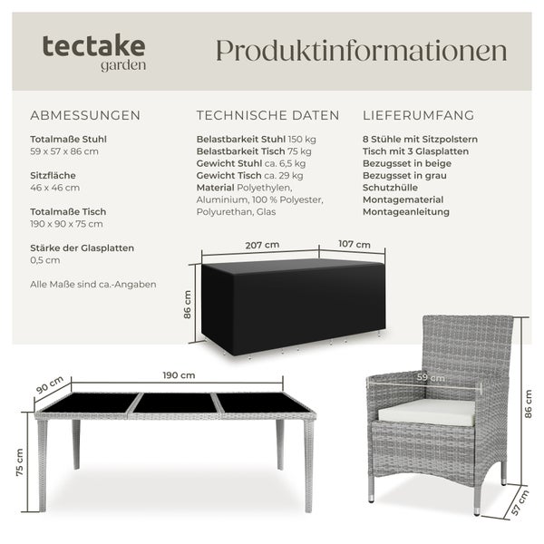Rattan Sitzgruppe tectake Menorca 2 Bezugssets, inklusive Schutzhülle mit Aluminiumgestell hellgrau