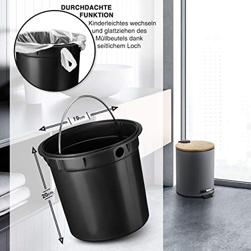VMbathrooms 5L Kosmetikeimer in edlem grauem Design | Tretmülleimer mit Absenkautomatik (Soft Close) | Eleganter Eimer fürs Bad mit Innenbehälter und Bambus-Holzdeckel
