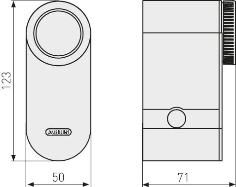 Technische Zeichnung ABUS Türschlossantrieb mit ABUS Logo und Maßen 123 Millimeter mal 50 Millimeter mal 71 Millimeter.