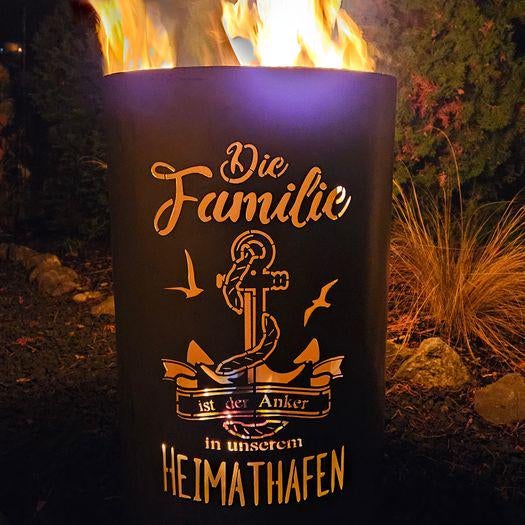 Feuersäule mit dem Schriftzug: Die Familie ist der Anker in unserem Heimathafen