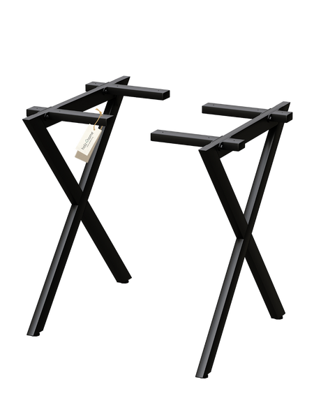 Zwei schwarze Tischbeine in X-Form aus Metall für Esstische.