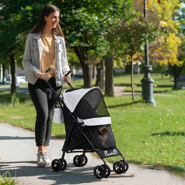 PawHut Hundewagen Hundebuggy klappbar für Hunde & Katzen bis 4 kg Katzenbuggy mit Netzfenstern, Schultergurt, Aufbewahrungstasche, Becherhalter Regenschirm Katzenwagen Hellgrau