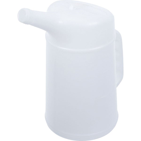 Messkanne aus Kunststoff für Öl mit Ausgießer und Griff.