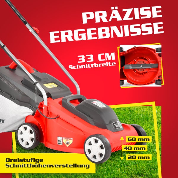 Roter Rasenmäher mit 33 Zentimeter Schnittbreite und dreistufiger Schnitthöhenverstellung.