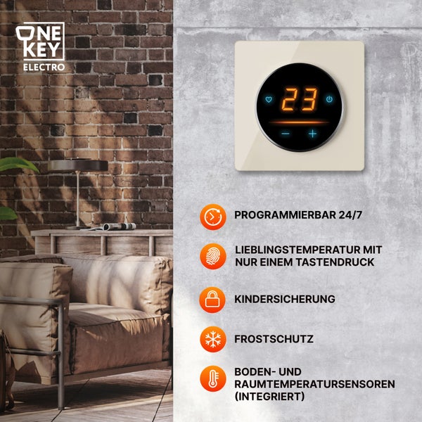 Raumthermostat mit Touchscreen zur Temperaturregelung im Wohnbereich