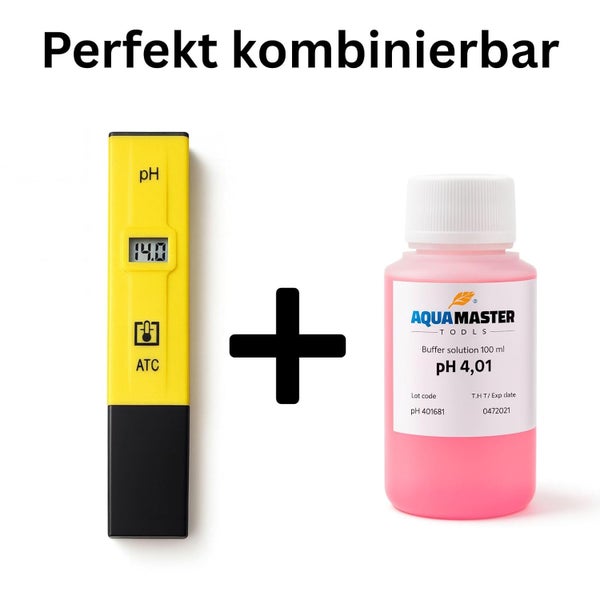 Digitales pH-Messgerät mit ATC-Funktion und eine Flasche Aqua Master Tools Pufferlösung pH 4,01, 100 Milliliter, perfekt kombinierbar.