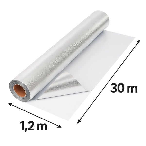 Rolle silberne Isolierfolie, Breite 1,2 Meter, Länge 30 Meter, mit strukturierter Oberfläche.