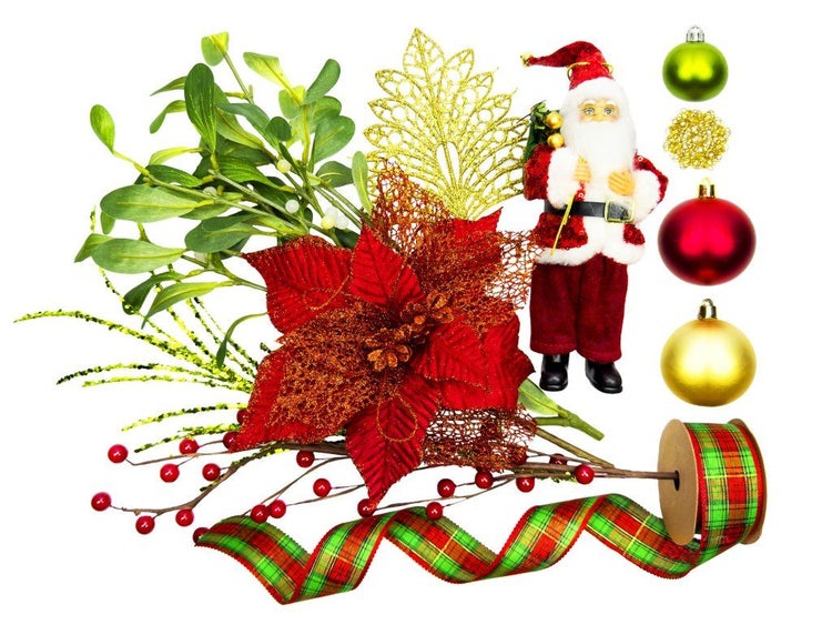Weihnachtsdekorationsset mit Weihnachtsmann Figur, künstlichem Weihnachtsstern, Mistelzweigen, Christbaumkugeln und kariertem Geschenkband