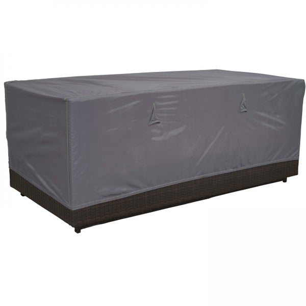 Graue rechteckige Schutzhülle für Lounge-Gartenmöbel aus wetterfestem Material mit Belüftungsöffnungen.