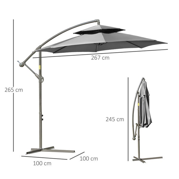 Outsunny Sonnenschirm Ampelschirm Ø2,67 x 2,45 m Kurbelschirm mit Doppeldach Kreuzbasis Stahl Outdoor Sonnenschutz Polyester Stahl Hellgrau
