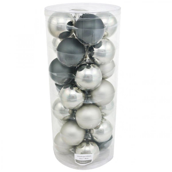 Verpackung mit 28 anthrazitfarbenen Christbaumkugeln aus Glas, 6 Zentimeter Durchmesser