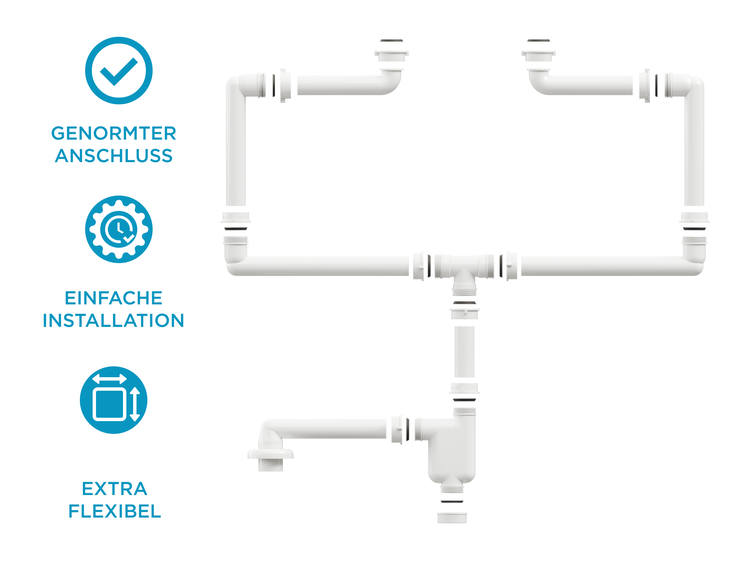 Aqua Bagno Raumsparsiphon für Doppel Waschtisch - Möbelsiphon - Siphon platzsparend - flexibel einstellbar - G 1 1/4 Zoll - DN32 - Doppelwaschbecken